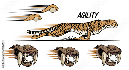 Illustration featuring a cheetah running with agility text and saber tooth tiger head images below