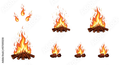 Illustration showing stages of a campfire from embers to small flames and a large bonfire scene art