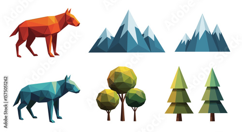 Geometric landscape with two polygonal donkeys mountains and trees in a stylized low poly design style