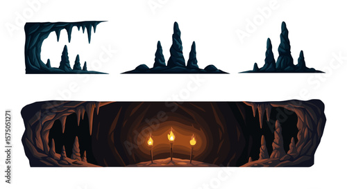 Illustration showing various stalactite formations and a cave interior with three torches lighting it up