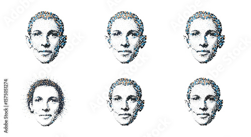 Six faces in a grid pattern created with small dots on a white background artistic representation
