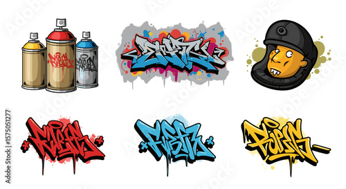 Collection of graffiti art including spray paint cans and stylized text with a cartoon character art