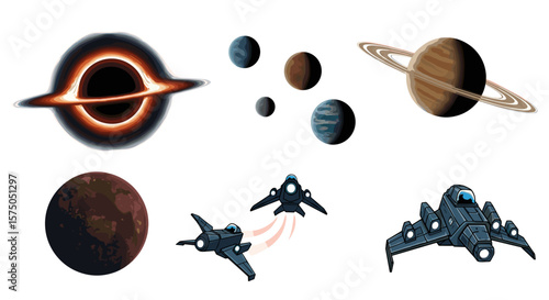 Illustration of a black hole, several planets, and three futuristic space ships on a white background