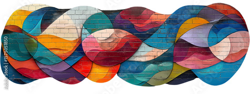 Abstract multicolor mural painted on brick wall. Ideal for creative design inspiration, urban art promotions, or artistic blog content. Isolated on transparent background, png