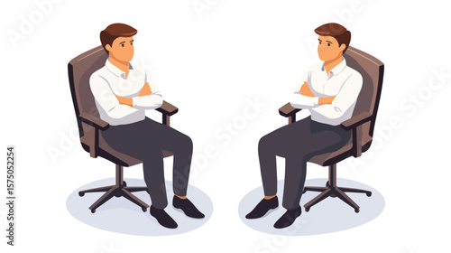 Professional isometric man seated in an office chair with augmented reality technology