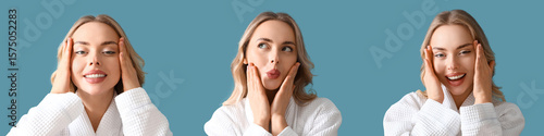 Set of young woman doing fa...