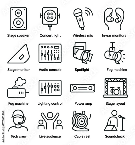Live event gear line art icons. stage speaker, concert light, wireless mic, in-ear monitors, stage monitor, sound console, audio snake, spotlight icon, fog machine, lighting