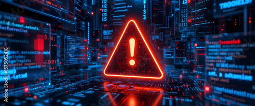 Cyber Attack Concept with Warning Symbol and AI-Driven Malware in System Error Display

