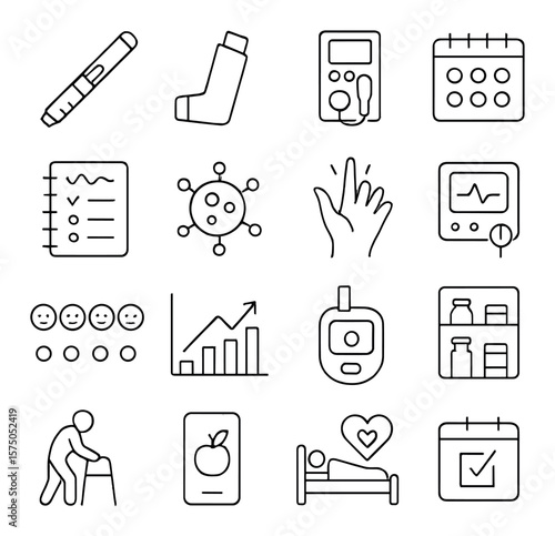 Chronic Care Management line art icons. Insulin pen, inhaler icon, dialysis machine, medication tracker, symptom log, disease icon, arthritis symbol, COPD monitor, pain scale,