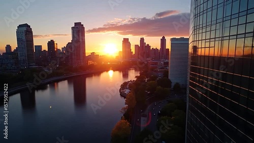 Aerial view of a city skyline during sunset reflecting in the river with modern glass buildings. Orange and yellow sky. A road is visible