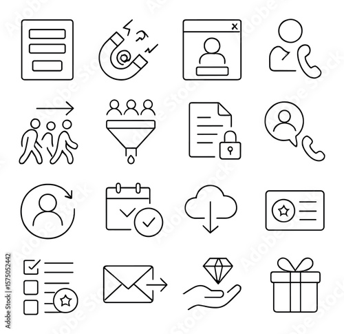 Lead Generation Tools line art icons. Lead capture form, email magnet, opt-in popup, sign-up icon, visitor traffic, referral funnel, gated content, sales call icon, inbound lead,