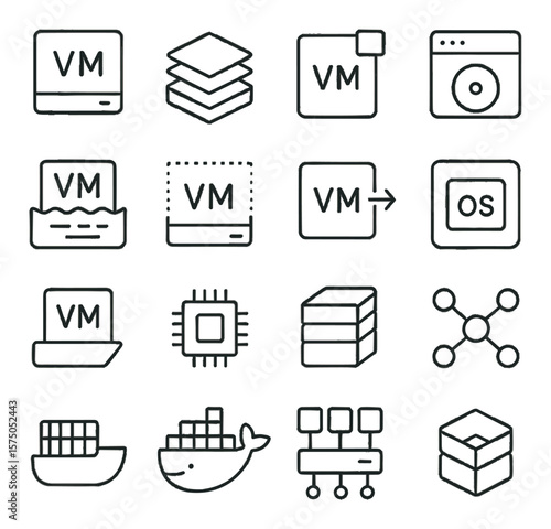 Server Virtualization line art icons. Virtual machine icon, hypervisor, VM snapshot, virtual disk, resource pool, isolation layer, VM migration, guest OS icon, VM template, virtual