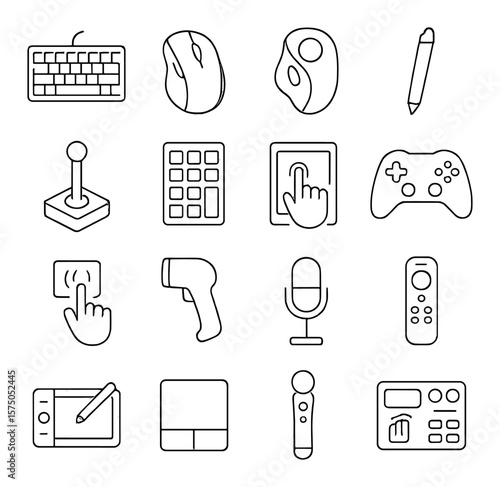 Input Devices line art icons. Mechanical keyboard, ergonomic mouse, trackball, stylus pen, joystick, numeric keypad, touchscreen, gamepad, gesture sensor, barcode scanner, voice