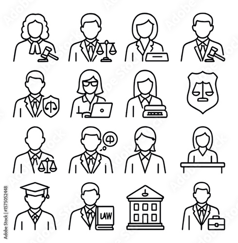 Legal Professions line art icons. Judge icon, attorney figure, paralegal symbol, prosecutor icon, defense lawyer, legal assistant, court reporter, bailiff badge, mediator figure,