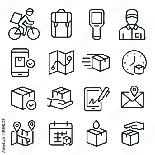Courier Services line art icons. Bike courier, delivery backpack, handheld scanner, delivery uniform, mobile order icon, route map, express delivery, time window, delivery