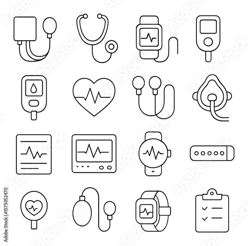 Vital Signs Monitoring line art icons. Blood pressure cuff, stethoscope, pulse oximeter, thermometer, glucometer, heart monitor, EKG cable, respiration mask, vital signs chart,