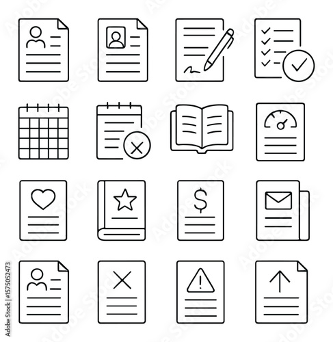 HR & Employment Documents line art icons. Resume paper, job application form, employment contract, onboarding checklist, timesheet, leave request form, training manual, appraisal