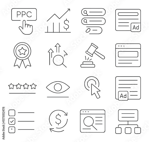 PPC Advertising Elements line art icons. Pay-per-click icon, cost-per-click graph, keyword list, search ad, ad rank, bid strategy, auction icon, landing page, quality score,