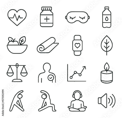 Health & Wellness Care line art icons. Heartbeat icon, vitamin bottle, sleep mask, water bottle, healthy meal, yoga mat, fitness tracker, relaxation leaf, balance scale, body check