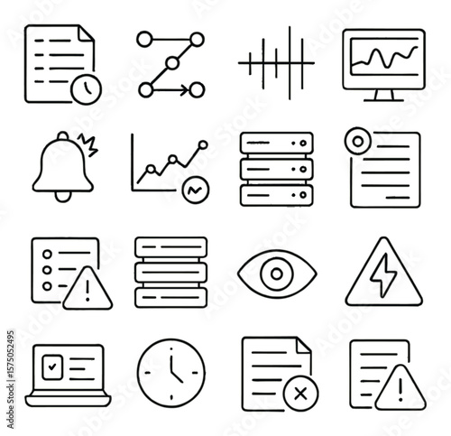 Data Monitoring and Logs line art icons. Activity log, audit trail, data stream, dashboard monitor, anomaly icon, real-time graph, server log, event recorder, alert bell, logging
