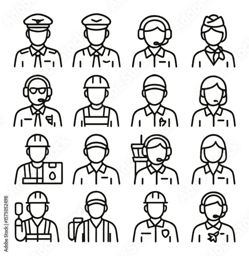 Flight crew line art icons. pilot, co-pilot, flight engineer, cabin crew, air marshal, ground handler, air mechanic, dispatcher, loadmaster, fuel technician, tower operator, gate