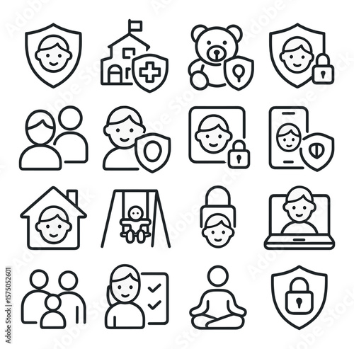 Child Safety line art icons. Kid shield, school safety, toy guard, online safety shield, parental control, health protection, identity block, emergency contact, trusted environment