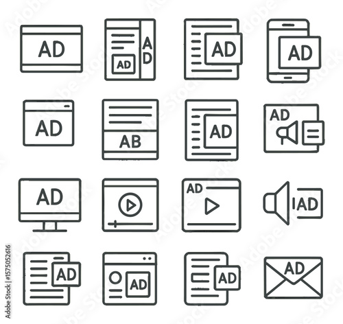 Digital Ad Placements line art icons. Banner ad, sidebar ad, native ad, interstitial ad, popup ad, sticky banner, in-feed ad, mobile ad, desktop placement, ad overlay, video ad,