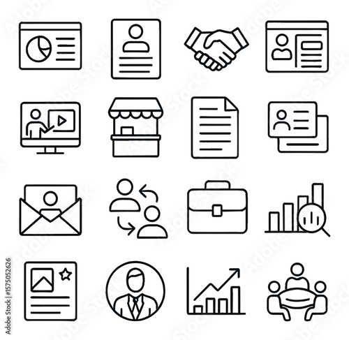 B2B Marketing Assets line art icons. Sales deck, lead form, business handshake, CRM interface, industry webinar, trade show booth, whitepaper icon, business card, prospecting email