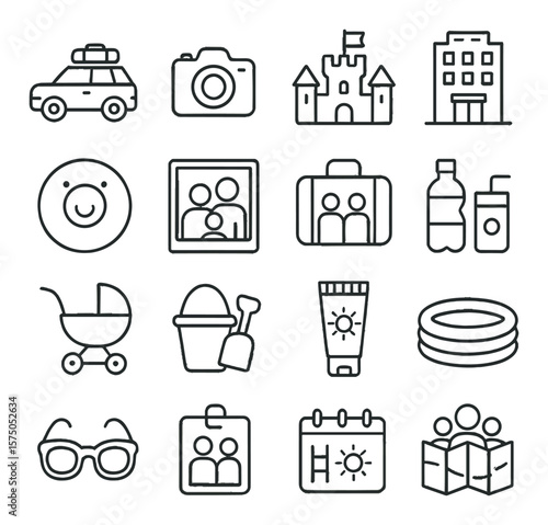 Family Vacation line art icons. Family car, camera, sandcastle, hotel building, child float, group photo icon, shared suitcase, travel snacks, stroller icon, beach playset,
