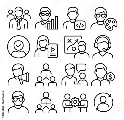 Project Team Roles line art icons. Team leader icon, analyst profile, developer role, designer icon, tester badge, content creator, strategist symbol, support team, marketing