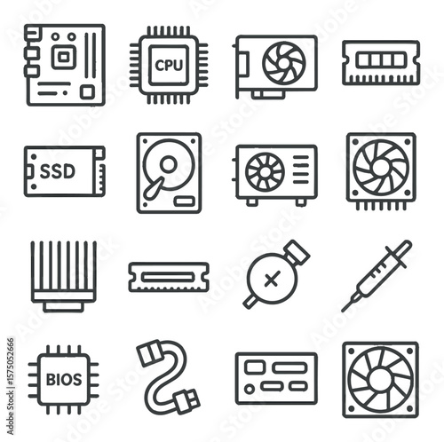 Computer Hardware Components line art icons. Motherboard, CPU, GPU, RAM stick, SSD, HDD, power supply, cooling fan, heat sink, PCIe slot, CMOS battery, thermal paste, BIOS chip,