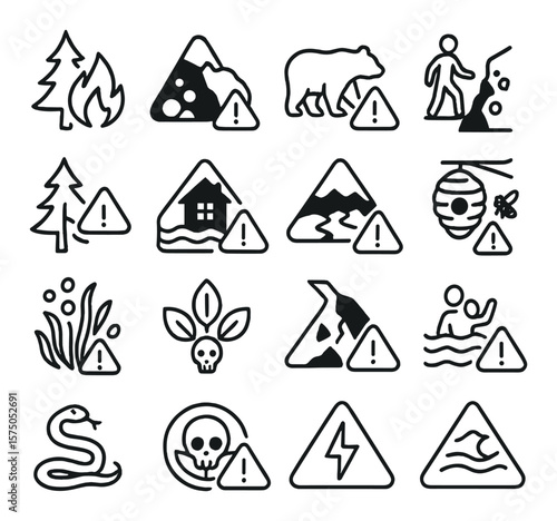 Nature & Environment Alerts line art icons. Forest fire symbol, avalanche warning, wildlife danger, cliff edge sign, falling tree alert, flash flood warning, unstable ground, wasp