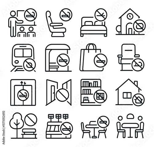 Smoke-free environments line art icons. classroom no smoking, airplane seat with ban, hotel room with smoke icon crossed, school zone no smoking, train with prohibition mark, bus
