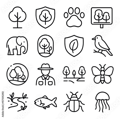 Wildlife & Nature Protection line art icons. Tree icon, protected forest, animal paw, wildlife reserve, endangered species, eco habitat, nature park, conservation shield, bird
