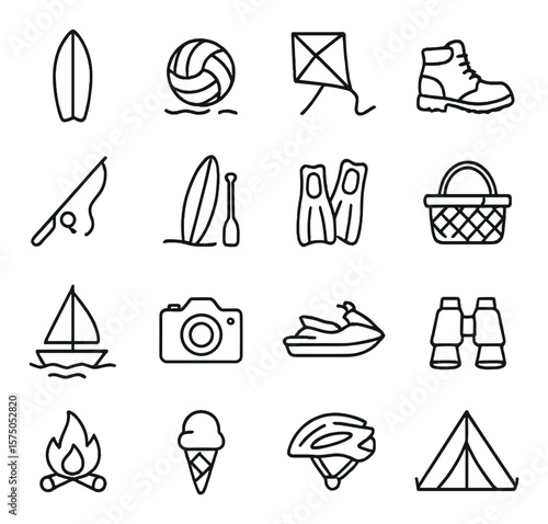 Outdoor Activities line art icons. Surfboard, beach volleyball, kite flying, hiking boots, fishing rod, paddleboard, diving fins, picnic basket, sailing boat, camera icon, water