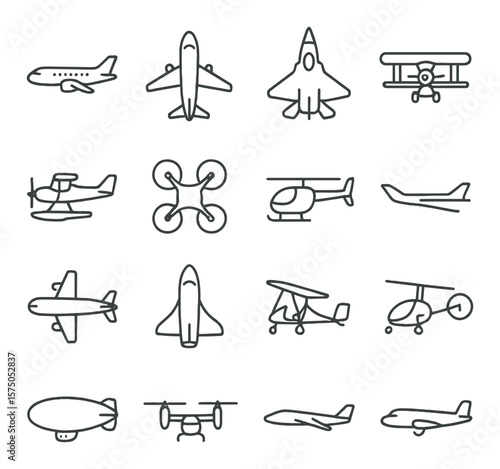 Aircraft types line art icons. commercial airplane, private jet, fighter jet, biplane, seaplane, drone, helicopter, glider, cargo plane, space shuttle, ultralight aircraft,