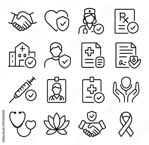 Healthcare Trust line art icons. Doctor handshake, heart with shield, trusted nurse, prescription check, certified hospital, patient trust, health record icon, consent form, safe