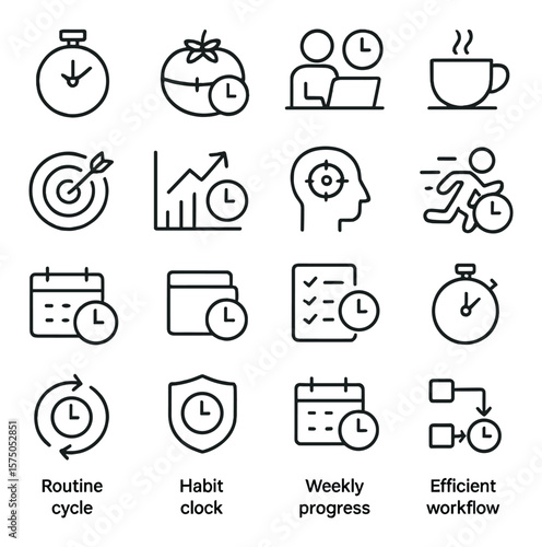 Efficiency & Productivity line art icons. Focus timer, Pomodoro clock, work session icon, break timer, goal time icon, output over time, focus mode, sprint session clock, planning