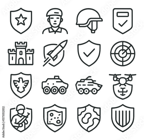 Military & Defense line art icons. Army shield, soldier badge, combat helmet, tactical shield, fortress icon, missile defense, security emblem, radar shield, national guard symbol,