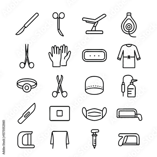 Surgical Equipment line art icons. Scalpel, surgical scissors, operating table, anesthesia mask, forceps, surgical gloves, sterile tray, surgical gown, headlamp, clamp tool,
