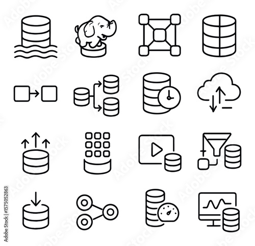 Big Data Handling line art icons. Data lake icon, Hadoop node, distributed cluster, data partition, processing pipeline, map-reduce icon, batch processing, real-time stream,