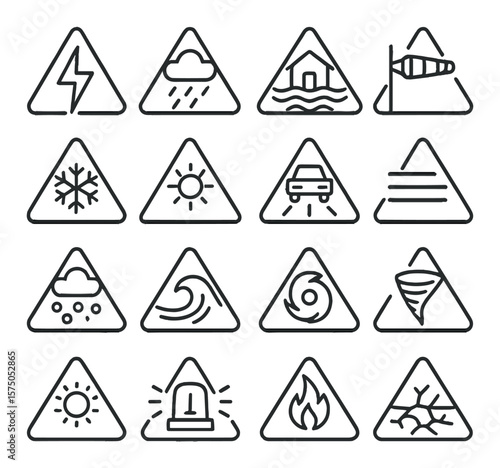Weather Alerts line art icons. Lightning warning, heavy rain alert, flood zone icon, high wind warning, snowstorm caution, heatwave triangle, icy road symbol, fog alert, hailstorm