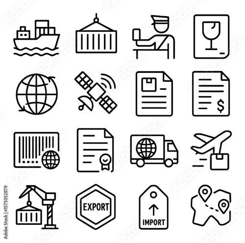 Global Shipping line art icons. Cargo ship, shipping container, customs icon, freight label, globe with arrows, tracking satellite, shipping manifest, freight invoice,