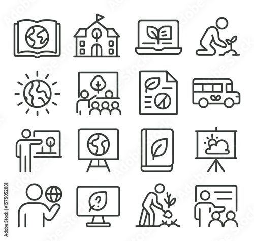 Environmental Education line art icons. Earth book, eco school, green learning icon, student planting, environmental awareness symbol, classroom tree, sustainability report, field