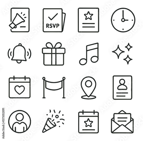 Event Invitations line art icons. Party invite, RSVP card, event flyer, countdown icon, celebration bell, gift box, music note, sparkles icon, calendar with heart, welcome banner,