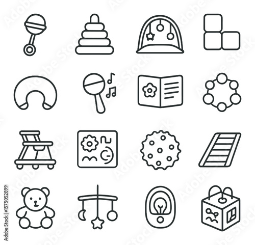 Development & Play line art icons. Rattle toy, stacking rings, play mat, soft blocks, tummy time pillow, musical toy, baby book, teething ring, walker, busy board, sensory ball,