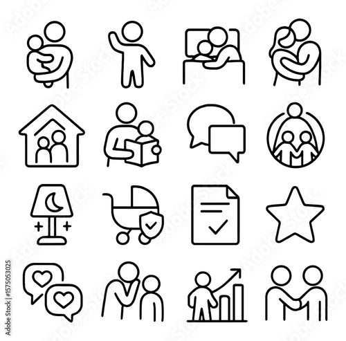 Child and Parent Trust line art icons. Parent holding child, child with hand up, bedtime promise, family hug, safe home icon, storytime trust, open talk bubble, trust circle,