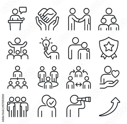 Leadership & Support line art icons. Leader speaking, supporting hands, trust icon, role delegation, team encouragement, guiding light icon, mentoring symbol, leadership badge,