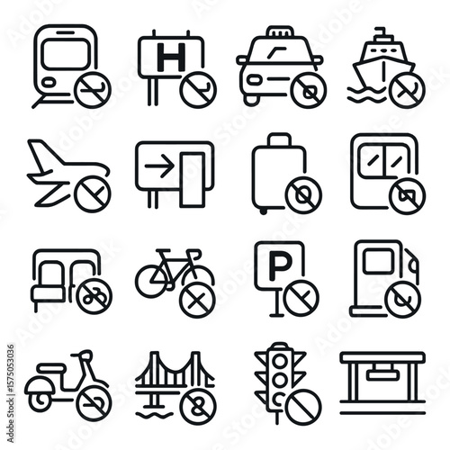 Transportation zones line art icons. metro with no smoking icon, highway sign with cigarette crossed, taxi with smoke ban label, ferry boat with prohibition sign, airplane wing