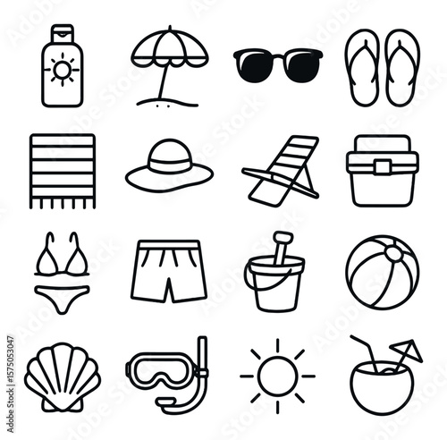 Beach Essentials line art icons. Sunscreen bottle, beach umbrella, sunglasses, flip-flops, beach towel, sunhat, beach chair, cooler box, bikini icon, swim trunks, sand bucket,
